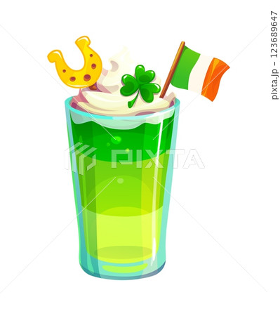St Patrick day holiday green festive drink in a glass, topped with whipped cream, shamrock, golden horseshoe and an Irish flag. Cartoon celebratory beverage for Irish parties, symbolizing luck and joy St Patrick day holiday green festive drink in a glass, topped with whipped cream, shamrock, golden horseshoe and an Irish flag. Cartoon celebratory beverage for Irish parties, symbolizing luck and joy 123689647