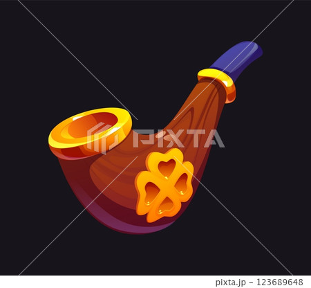 Cartoon wooden leprechaun pipe adorned with a golden shamrock, polished gold accents and blue mouthpiece. Vector classic Irish St. Patrick Day symbol representing folklore, tradition, mystery or magic Cartoon wooden leprechaun pipe adorned with a golden shamrock, polished gold accents and blue mouthpiece. Vector classic Irish St. Patrick Day symbol representing folklore, tradition, mystery or magic 123689648