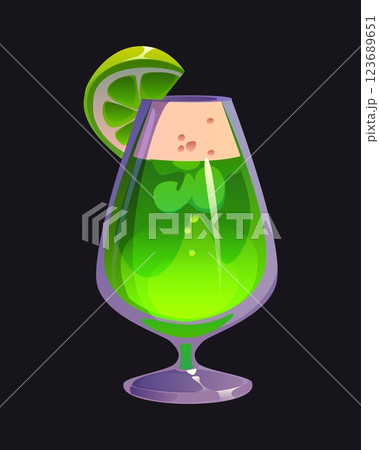 Cartoon green cocktail with a lime slice and foam, represents st. Patrick day and Irish culture. Vector refreshing drink served in fancy glass, topped with frothy foam. Festive beverage, ale or beer 123689651