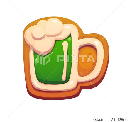 St Patrick day holiday sweet cookie food shaped like a beer mug, decorated with green icing and white frothy foam. Cartoon vector festive dessert, resembling traditional Irish stout or ale in a glass 123689652