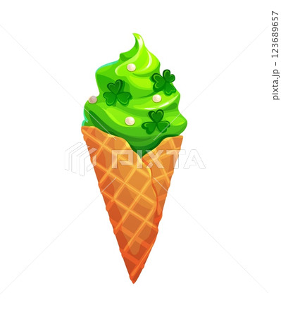 St Patrick day ice cream, sweet holiday dessert. Cartoon vector festive wafer cone with green soft swirl, decorated with shamrocks and pearls, symbolizes luck and celebration, delicious Irish treat St Patrick day ice cream, sweet holiday dessert. Cartoon vector festive wafer cone with green soft swirl, decorated with shamrocks and pearls, symbolizes luck and celebration, delicious Irish treat 123689657