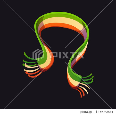 Cartoon scarf featuring colors of Irish flag green, white and orange symbolizing pride, st Patrick day celebration and cultural heritage. Vector festive accessory represents unity, and national spirit 123689684