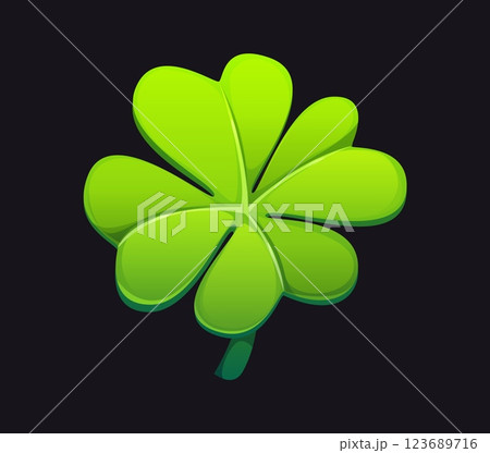 Cartoon lucky four leaf clover, green shamrock plant symbolizing luck, fortune and prosperity. Vector iconic symbol of Irish culture, st. Patrick day holiday, good luck charms, positivity and magic 123689716
