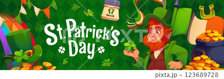 St Patrick day banner for Irish holiday and festival with leprechaun character, vector greeting card. Saint Patrick banner with Ireland bunting flags, shamrock clovers or golden coins pot and rainbow 123689728