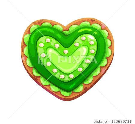 St Patrick day heart shaped sweet cookie, holiday dessert, decorated with vibrant green icing and pearls. Cartoon vector festive treat for celebrating love, luck, pride and joy during Irish party St Patrick day heart shaped sweet cookie, holiday dessert, decorated with vibrant green icing and pearls. Cartoon vector festive treat for celebrating love, luck, pride and joy during Irish party 123689731