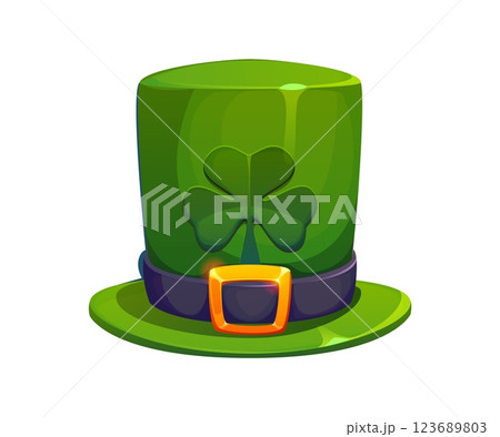 Cartoon green leprechaun top hat featuring shamrock emblem, dark belt and golden buckle. Vector traditional cylinder headwear, festive accessory for holiday and costume party celebrations 123689803