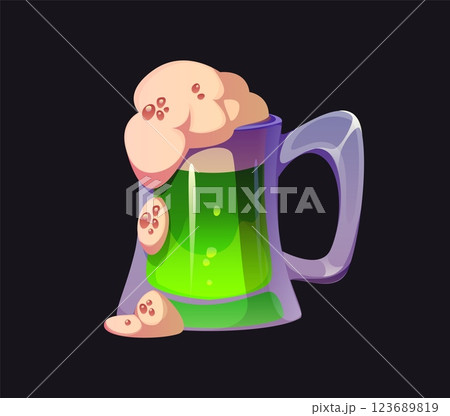 Cartoon green beer or ale mug filled with bubbly, frothy foam, St Patrick day Irish symbol and object. Vector emerald green liquid in a transparent glass mug ready for festive and celebratory events Cartoon green beer or ale mug filled with bubbly, frothy foam, St Patrick day Irish symbol and object. Vector emerald green liquid in a transparent glass mug ready for festive and celebratory events 123689819