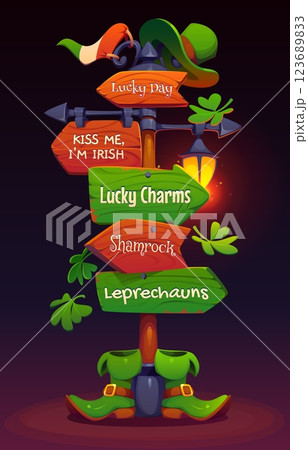 Cartoon saint Patrick day sign board, Irish holiday arrow signage with lantern. Vector festive signpost with wooden directional signs and phrases such as lucky day, charms, shamrock and leprechauns 123689833