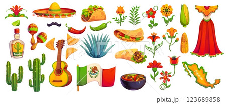 Mexican cuisine food, culture and travel objects. Cartoon tex mex cuisine taco, cactus and tequila, sombrero, map and flag. Vector mexican fiesta party guitar, maracas, chili, lime and nachos Mexican cuisine food, culture and travel objects. Cartoon tex mex cuisine taco, cactus and tequila, sombrero, map and flag. Vector mexican fiesta party guitar, maracas, chili, lime and nachos 123689858