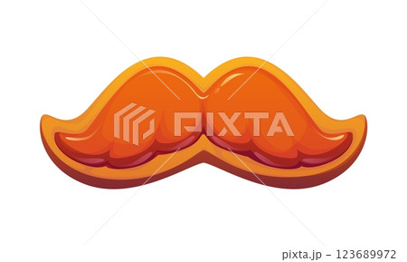 St Patrick day holiday candy, red leprechaun mustache cookie with a golden brown base and glossy orange icing. Cartoon vector sweet food, fun and playful whiskers dessert for Irish themed parties 123689972