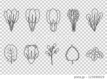 イラスト素材：シンプルな手描き風、野菜のアイコン、ベクターイラスト素材セット 123690029