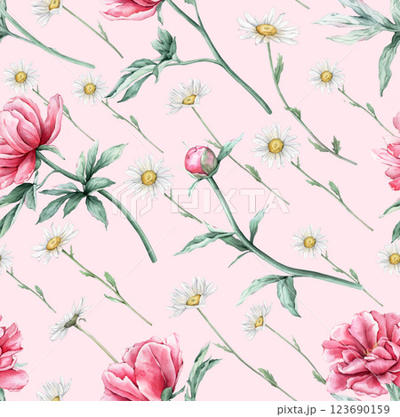 Seamless pattern with watercolor bouquet of pink peony and chamomiles in full bloom. Hand drawn illustration beautiful floral flowers. Repeat wallpaper with summer botanical plant on isolated. Seamless pattern with watercolor bouquet of pink peony and chamomiles in full bloom. Hand drawn illustration beautiful floral flowers. Repeat wallpaper with summer botanical plant on isolated. 123690159