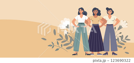 Empowered women on floral background. Feminism and equality concept. Flat style illustration. 123690322