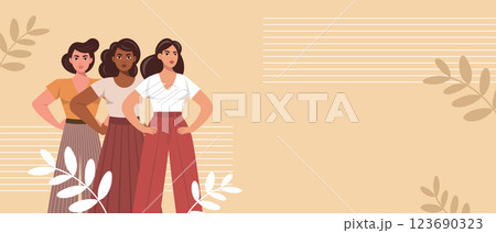 Empowered women on floral background. Feminism and equality concept. Flat style illustration. 123690323