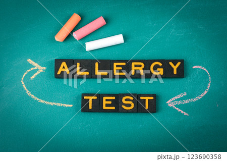 Allergy Test Concept. Chalkboard Background with Letter Blocks 123690358