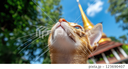 Siamese cat gazing with Thai temple in background 123690407