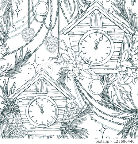 Wooden house clock with cuckoo, pine branches and cones, snowberry, beads, sparkling stars. Christmas, New Year Line art hand-drawn illustration in black and white ink. Seamless pattern vector EPS Wooden house clock with cuckoo, pine branches and cones, snowberry, beads, sparkling stars. Christmas, New Year Line art hand-drawn illustration in black and white ink. Seamless pattern vector EPS 123690440