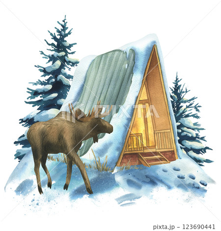 Winter landscape in the forest with a wooden triangular house, trees, snow, elk. Watercolor hand-drawn illustration. Wildlife scene composition isolated from background 123690441