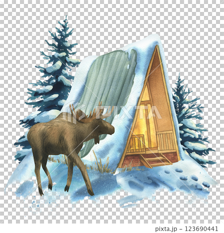 Winter landscape in the forest with a wooden triangular house, trees, snow, elk. Watercolor hand-drawn illustration. Wildlife scene composition isolated from background 123690441