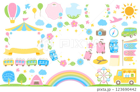 ゴールデンウィークや旅行シーンにぴったりな背景フレームとイラスト_こいのぼりなど日本の5月のGW 123690442