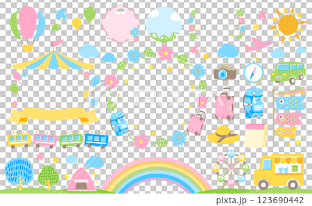 ゴールデンウィークや旅行シーンにぴったりな背景フレームとイラスト_こいのぼりなど日本の5月のGW 123690442