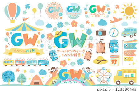 ゴールデンウィークにピッタリのフラットな旅行の背景フレームとイラスト・手書き文字のセット_日本のGW 123690445