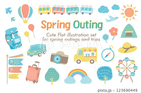 春夏の旅行やアウトドア・日本の5月のゴールデンウィークシーンぴったりなフラットなアイコンイラスト 123690449