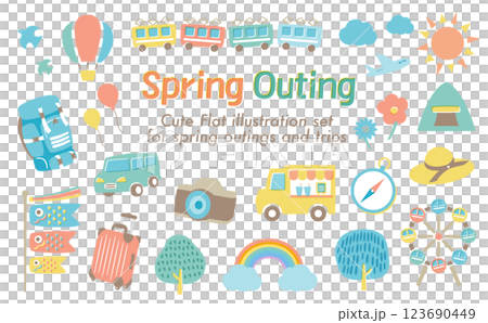 春夏の旅行やアウトドア・日本の5月のゴールデンウィークシーンぴったりなフラットなアイコンイラスト 123690449