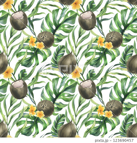 Coconuts whole, halves and pieces with bright, green, tropical palm leaves and yellow plumeria flowers. Hand drawn watercolor illustration. Seamless pattern on a white background Coconuts whole, halves and pieces with bright, green, tropical palm leaves and yellow plumeria flowers. Hand drawn watercolor illustration. Seamless pattern on a white background 123690457