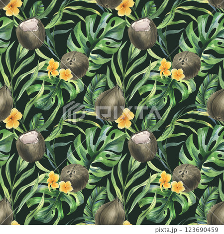 Coconuts whole, halves and pieces with bright, green, tropical palm leaves and yellow plumeria flowers. Hand drawn watercolor illustration. Seamless pattern on a dark background 123690459