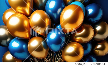 《AI画像》宙に浮かぶたくさんの風船(金色と青色) 《AI画像》宙に浮かぶたくさんの風船(金色と青色) 123690481