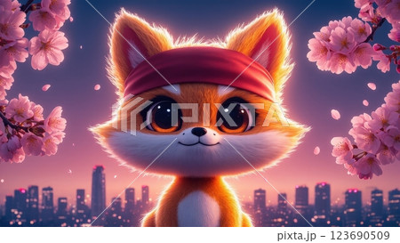 Cute fox character with a headband surrounded by cherry blossoms at sunset in a city 123690509