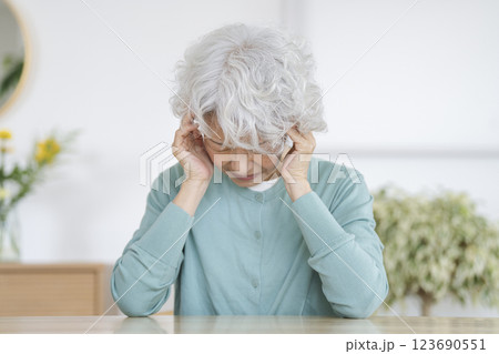 頭を押さえるシニアの女性 123690551