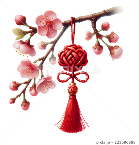 cherry blossom Chinese Lunar new Year with red knot  123690689