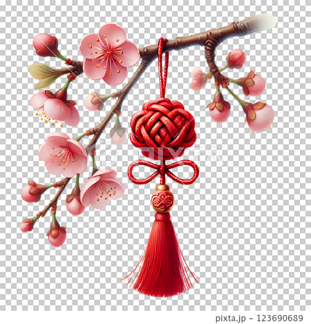 cherry blossom Chinese Lunar new Year with red knot  123690689