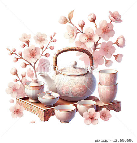 cherry blossom Chinese Lunar new Year with tea set  123690690