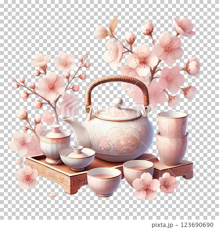 cherry blossom Chinese Lunar new Year with tea set  123690690