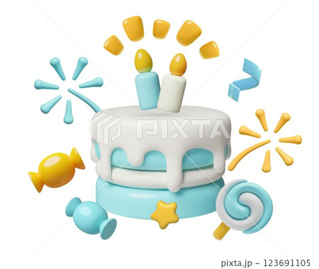 Blue birthday cake 3D emoji with burning candles children candies and fireworks 123691105