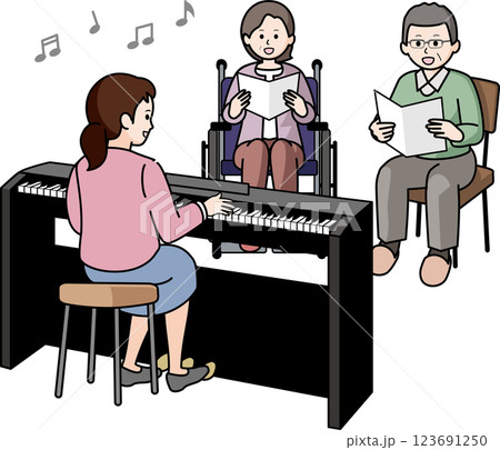 音楽療法士と歌うシニアの男女 123691250