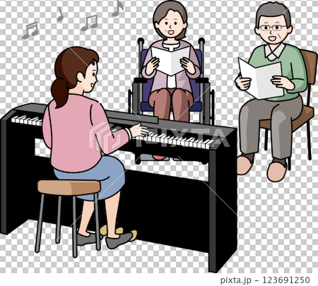 Senior men and women singing with a music therapist 123691250