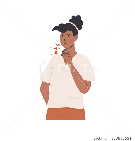 Sick young afro woman suffering from throat pain and holding her neck with discomfort. Unwell person with a cold and sore throat. Flat Style Vector Illustration isolated on white background. 123691551