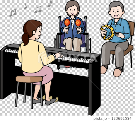音楽療法士と演奏するシニアの男女 123691554