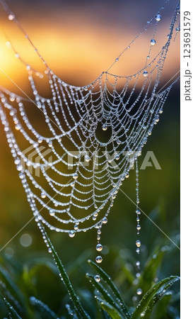 Spider web covered in dew drops at sunrise. Macro shot of intricate silk threads with water droplets reflecting golden light 123691579