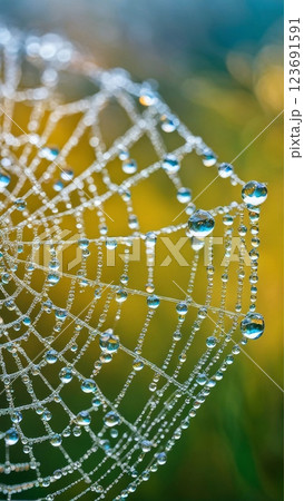 Spider web with water droplets on blur natural background. Macro shot of dew covered silk threads in nature 123691591