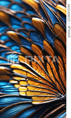 Extreme close-up of butterfly wing with blue and orange patterns, detailed texture and intricate structure of delicate insect scales Extreme close-up of butterfly wing with blue and orange patterns, detailed texture and intricate structure of delicate insect scales 123691594