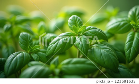 Fresh basil plant growing in garden with sunlight. Close-up of green leaves with blurred background. Organic farming and culinary herb concept Fresh basil plant growing in garden with sunlight. Close-up of green leaves with blurred background. Organic farming and culinary herb concept 123691635