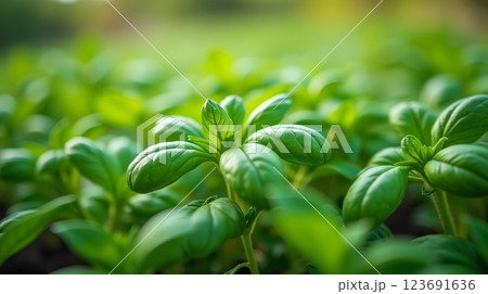 Basil plants growing in garden with sunlight. Close-up of green leaves with blurred background. Organic farming and culinary herb concept Basil plants growing in garden with sunlight. Close-up of green leaves with blurred background. Organic farming and culinary herb concept 123691636