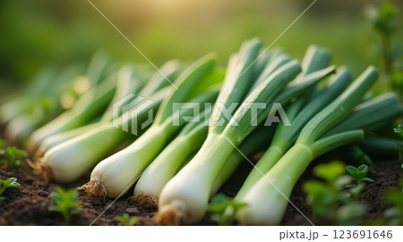 Fresh green onions harvested from soil, arranged in row with vibrant green leaves and white bulbs, organic farm produce in natural sunlight 123691646