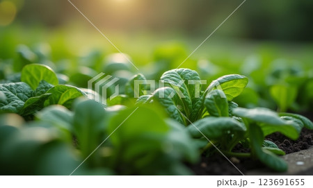Fresh green spinach plants growing in garden, close-up of vibrant leaves in sunlight, organic farming and healthy food concept 123691655