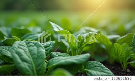 Young spinach plants growing in soil with sunlight, close-up of fresh green leaves in organic farm, concept of healthy food and agriculture 123691659
